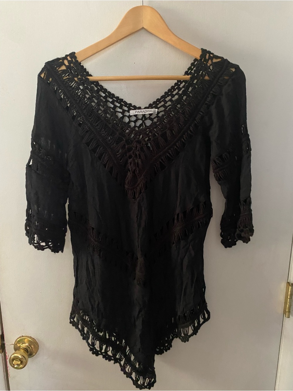 Paradise Black Crochet V-Neck Women’s Top/Swimsuit Cover w/ See-Through Design